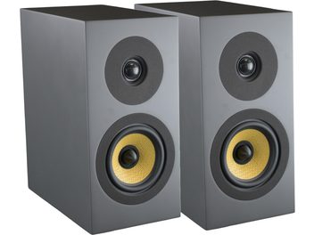 Diffusori da scaffale Davis Acoustics Courbet n°3 grigi, vista di tre quarti, cabinet rettangolari, tweeter neri, woofer gialli