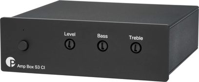 Højttalerforstærker i høj kvalitet Pro-Ject Amp Box S3 CI sort, set forfra, knap til venstre, 3 drejeknapper til højre