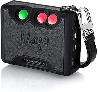 Polycarbonathylster fra Chord Electronics til Mojo 2 i sort, forfra, 3 runde farvede knapper, jackstik og USB-port