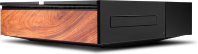 Cambridge Audio EVO CD-afspiller, frontvisning, træfacade, sort skærm og knapper, rent og elegant design