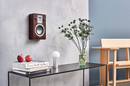 Vista frontale di un diffusore acustico da parete rettangolare in legno marrone scuro, dotato di un woofer centrale con cono metallico argentato, di un tweeter a nastro incorniciato e di una fessura di accordo inferiore, sospeso sopra una consolle nera su cui sono impilati dei libri, una lampada a sfera bianca, due mele rosse e un vaso con lunghi fiori blu.