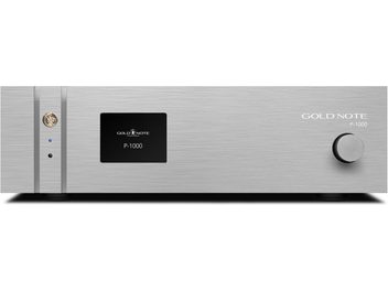 Preamplificator stereo Gold Note P-1000 argintiu, fațadă periată cu ecran negru central și buton mare în dreapta