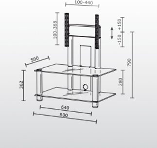 Tv-møbel i glas og sort metal med 2 hylder, mål L 800 x D 500 x H 410 mm, teknisk tegning med dimensioner