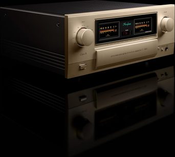 Integrerad stereo hi-fi-förstärkare E-700, trekvartsvy, gyllene front, 2 runda knappar, 2 rektangulära skärmar