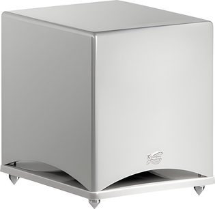 Subwoofer Cabasse Santorin 30-200M branco fosco, gabinete cúbico em madeira pintada com base separada com spikes e abertura arqueada na frente, vista em três quartos de frente