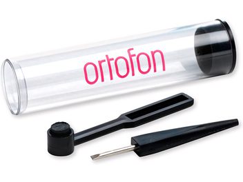 Ortofon karbantartási és tisztítási készlet hifi, átlátszó cső fekete dugókkal, fekete ecsettel, fekete csavarhúzóval