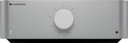 Amplificator hi-fi stereo Cambridge Audio EDGE A în gri metalic, vedere frontală, buton rotativ central, față minimalistă
