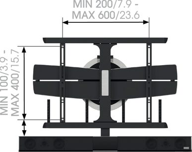 Vogel's NEXT 8365 sort vægbeslag, set forfra, med minimum og maksimum dimensioner i tommer vist øverst