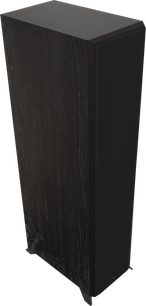 Sloupcový reproduktor Klipsch RP-8000F II ebony edice 2022, černý povrch, pohled zepředu v perspektivě, vertikální obdélníková dřevěná skříň