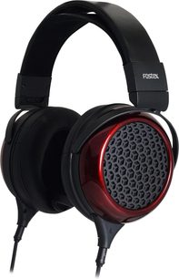 Fostex TH-919 hi-fi koptelefoon, circumaural, zwart en rood, open oorschelpen met honingraatrooster, gewatteerde hoofdband