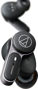 ATH-TWX7 in-ear hovedtelefoner sort, close-up, silikone ørepropper, cirkulært logo, metalgitter, lysindikator