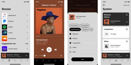 Skærmbilleder af en mobil musikstreaming-app, der viser brugergrænsefladen med et billede af en kvinde, der bærer en blå hat, menuer og afspilningsmuligheder