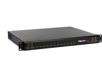 Wzmacniacz mocy Klipsch KDA-1000 w kolorze czarnym, przedni panel, kratka wentylacyjna, 12 żółtych diod LED, format rack 19"