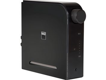 Amplificator hi-fi NAD D3020V2 negru mat, carcasă cu aspect plastic, vedere din 3/4 față dreapta, buton de volum, LED BT, mufă pentru căști
