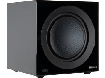 Musta lakattu kuutiomainen subwoofer-kotelo Monitor Audio Anthra W12, pyöreä kaiutin etupaneelissa, sininen LED-valo