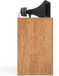 Enceinte bibliothèque Klipsch kO-R1 Figueroa Veneer avec un caisson rectangulaire en bois et un pavillon noir visible sur le dessus