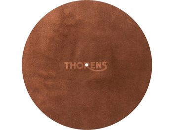 Brown leather felt circular turntable mat, top view, Thorens logo centered, visible central hole