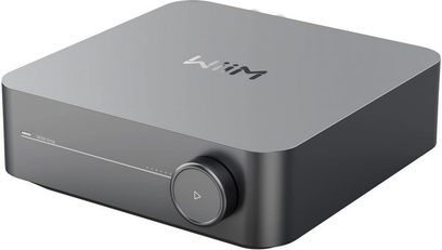 Ενισχυτής hi-fi στερεοφωνικός WiiM AMP σκούρο γκρι με ορθογώνια θήκη και στρογγυλεμένες γωνίες, κυκλικό κουμπί στην πρόσοψη