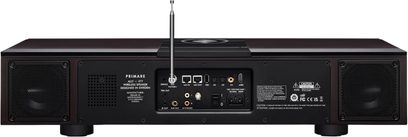 Primare All-in-One zwart metaal, achteraanzicht, luidsprekerroosters, telescopische antenne, LAN-, USB-, optische poorten, IEC