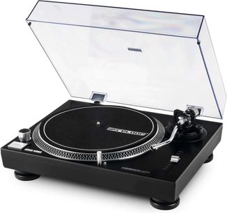 Sort Reloop RP 1000 MK2 pladespiller, gennemsigtig låg åben, let skråt forfra
