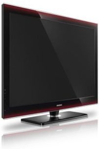 Samsung LE46A856 højdefinitions-fladskærms-TV, sort skærm, rød ramme, på metalstativ, set forfra