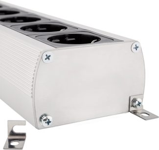 Multiplicador Supra MainBlock MD06-EU/SP MK3 com caixa retangular de metal, 6 tomadas pretas, parafusos prateados, suportes metálicos