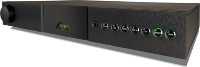 Naim Audio NAIT XS3 stereo hi-fi amplifier, matte black front panel with buttons and green illuminated indicators, front view