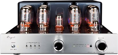 Cayin CS-100A EL34 sølvfarvet integreret stereo rørforstærker, front i børstet aluminium set forfra, udstyret med to store sorte knapper med metalring, fire LED-selektorer og en række glødende glasrør på sort chassis