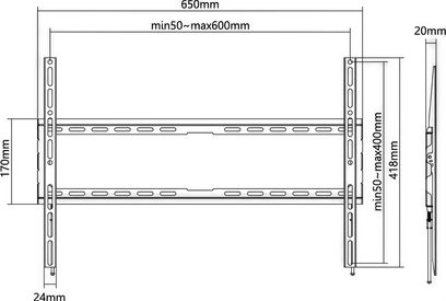 Επιτοίχια βάση τηλεόρασης Norstone Mount FIX 3780, τεχνικό διάγραμμα με διαστάσεις σε χιλιοστά, μετωπική και πλάγια όψη