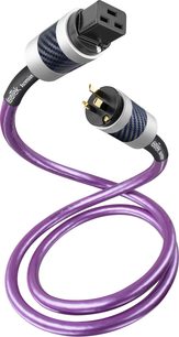 IsoTek EVO3 Ascension purple mains power cable with black and silver connectors close-up view