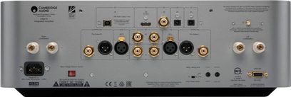 Amplificator hi-fi stereo Cambridge Audio EDGE A, vedere din spate, conexiuni audio analogice și digitale, mufe XLR și RCA