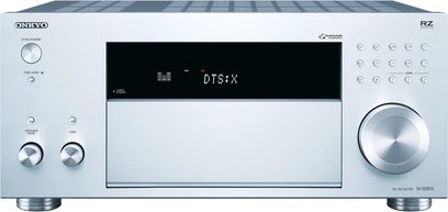 Onkyo TX-RZ810 sølvfarvet hjemmebiograf-forstærker, set forfra, digital display "DTS:X", kontrolknapper og -hjul