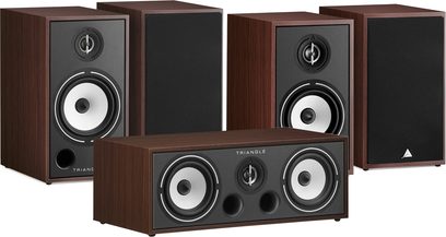 Set Regallautsprecher Triangle Borea BR03 Nussbaum, 5 Lautsprecher aus dunklem Holz mit schwarzen Treibern, Vorderansicht