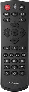 Telecomando nero in plastica, vista frontale, tasto di accensione rosso, pad direzionale centrale, logo Optoma in basso