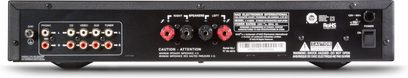 NAD C316 BEE V2 graphite stereo hi-fi amplifier, front view, front connectors and controls, two red knobs