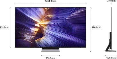 Plastový černý matný televizor s plochou obrazovkou, pohled zepředu a z profilu, extrémně tenký rám, středový obdélníkový stříbrný stojan, rozměry vyznačené kolem přístroje