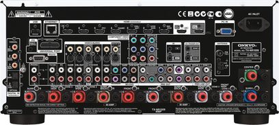 Onkyo TX-NR1009 sort hjemmebiografsforstærker, frontpanel, frontvisning, mange lyd- og videostik, knapper og drejeknapper til justering