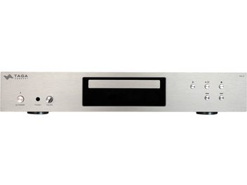 Odtwarzacz CD hi-fi Taga Harmony TCD-30 srebrny z prostokątnym panelem przednim, czarnym centralnym ekranem i okrągłymi metalowymi przyciskami