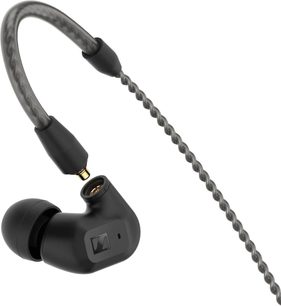 IE 200 in-ear hovedtelefoner, sort øretelefon med silikoneprop, grå snoet kabel, forgyldt stik, close-up visning