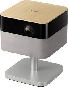 Vidéoprojecteur Epson noir et beige à finition bois, objectif frontal et base sur pied métallique argenté