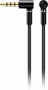 Forgyldt vinkelstik-kabel og to sorte Sennheiser in-ear hovedtelefoner i børstet aluminium