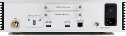 Aurender N200 nettverkslydavspiller, bakside med SSD/HDD-brønner, USB-porter, LAN, koaksialutgang og strømforsyning
