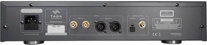 Lettore CD hi-fi TCD-70T argento, vista posteriore, connettori analogici RCA dorati, XLR, uscite ottica e coassiale, presa di alimentazione.