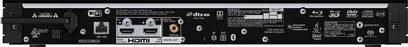 4K Blu-ray-afspiller Sony UBP-X800M2, bagside, HDMI-stik, koaksial udgang, LAN-port, diverse logoer, sort overflade