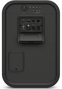 Bærbar svart Sony ULT TOWER 5 Bluetooth-høyttaler, bakside med kontroller og USB-lydtilkoblinger