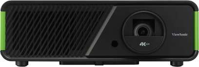 ViewSonic X1-4K svart videoprojektor, frontvisning, grønn høyttalergrill på høyre side