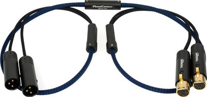Cavo phono Thorens PhonoConnect PHS 150 XLR-XLR 1,5 m, guaina intrecciata in nylon blu e nero con separatore cilindrico nero con scritta PhonoConnect, connettori XLR doppi composti da due maschi con contatti dorati e due femmine nere, vista dall’alto