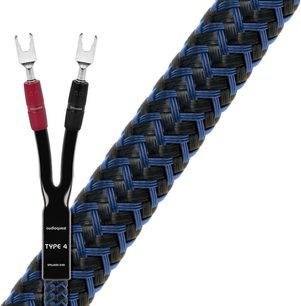 Audioquest Type 4 sort og blå flettet lydkabel med røde og sorte SureGrip-gafler i enderne