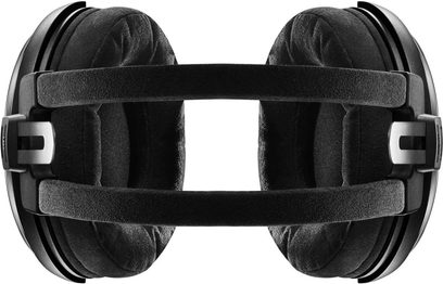 Audio-Technica ATH-ADX5000 hovedtelefoner, set forfra, sorte metalkapsler og læder, sort polstret hovedbøjle, synlige transducere