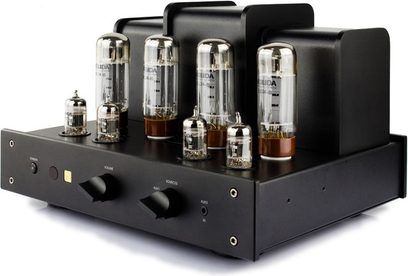 Jolida JD202S MKII sort hi-fi rørforstærker, frontvisning, 8 rør foran, 2 knapper og stik på forsiden